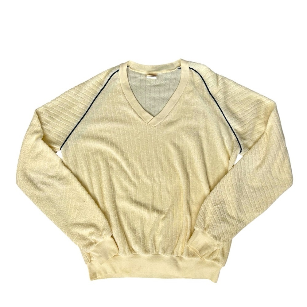 5/$25 Vintage Encino Shirt Men's Cream V-Neck Terrycloth Ribbed Sweater size XL